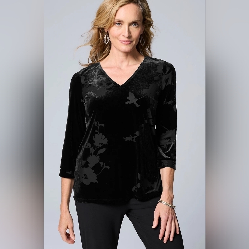 J Jill Wherever Collection NWT Black Velvet Burnout Floral 3/4 Sleeve Top XLP